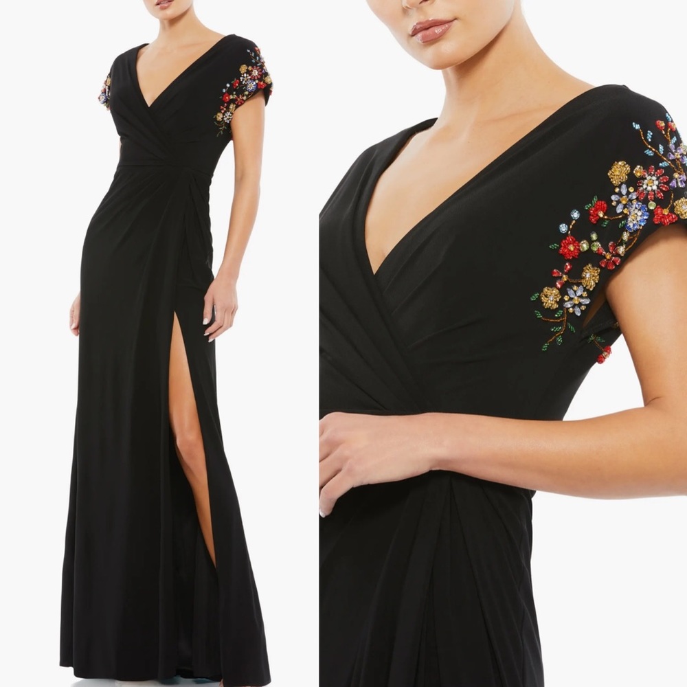 NWT Ieena for MacDuggal Beaded Multicolor Floral Sleeve Faux Wrap Gown size 10